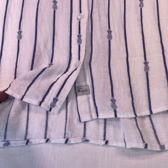 Rails White Navy Striped Pineapple Print Linen Blend Button Up Shirt Size Medium - Picture 6 of 13